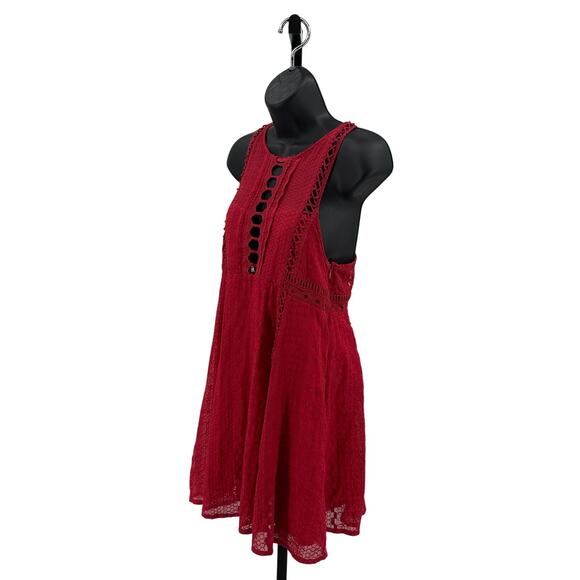 Free People Sundress WMNS 8 Red Lace Keyhole Cutout Mini Sleeveless Vintage Boho - Picture 5 of 13